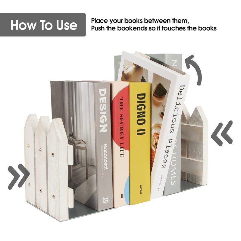 J JACKCUBE DESIGN White Rustic Wood Bookends Set of 2, Decorative Farmhouse Bookend for Heavy Books Magazine DVD on Desk Table Shelf - MK708A - Image 5